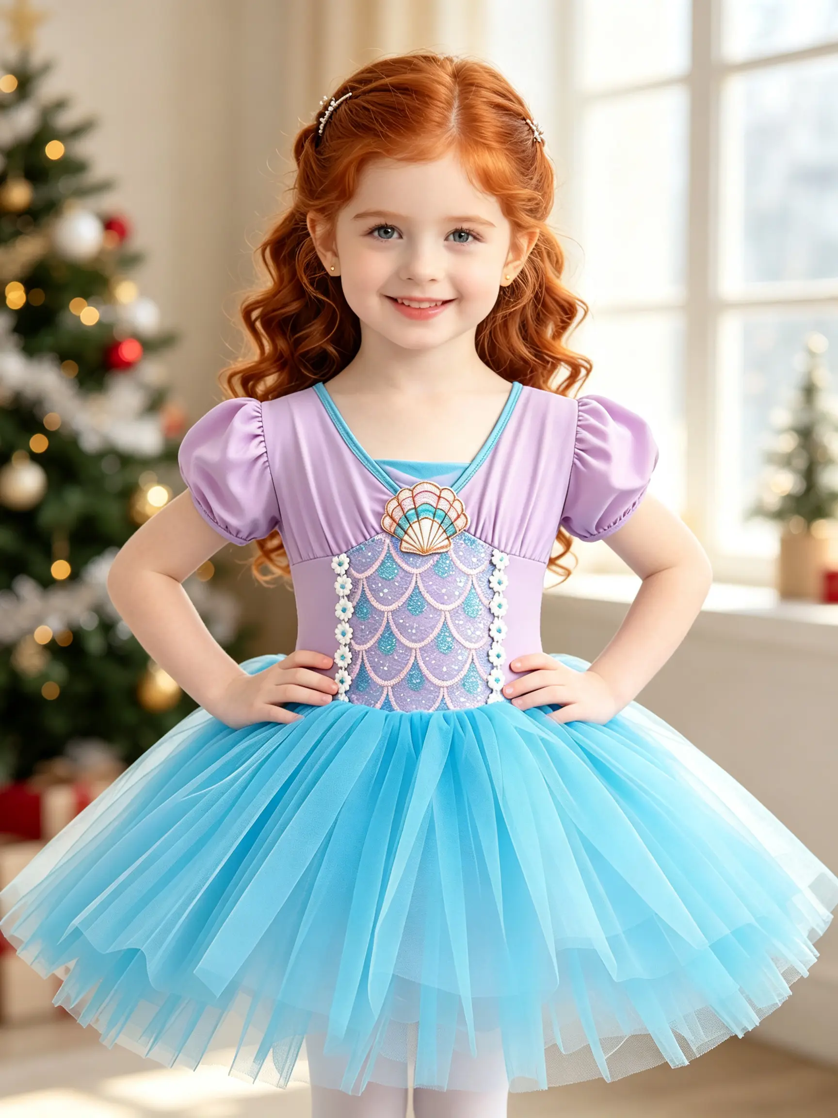 Girls' Mermaid Tutu Leotard Skirt with Bubble Sleeves and Sequin Scales, Princess Ballet Dance Costume with Shell Brooch for Parties, Slight Stretch