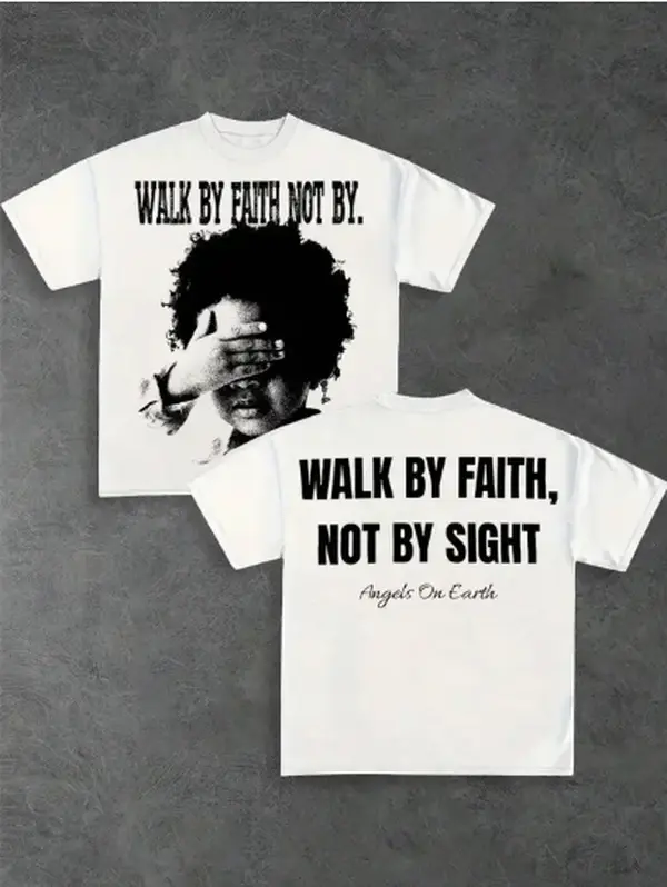 Streetwear Graphic Tee with Bible Verse & Child Portrait Print, Unisex Short Sleeve Round Neck T-Shirt, Faith Inspiring Fashion Apparel, Gifts for Boyfriend, Shortsleeve, Menswear, Clothing, Everyday Tops, Men’s Clothes, All Seasons