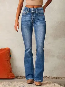 Women's Elastic Denim Jeans, Casual Fashion Dual Button Multi-Process Pocket Design, Slim Fit Flare Jeans, Skinny Blue Long Pants, All Seasons