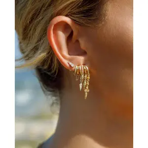 14K Gold Plated/Silver Earrings for Women Trendy Sterling Silver Triple Huggie Earrings Dainty Dangle Earring Small Hoops Statement Long Drop Chain Earrings Fashion Non Tarnish Jewelry Gemstone Set Synthetic Moissanite Stud
