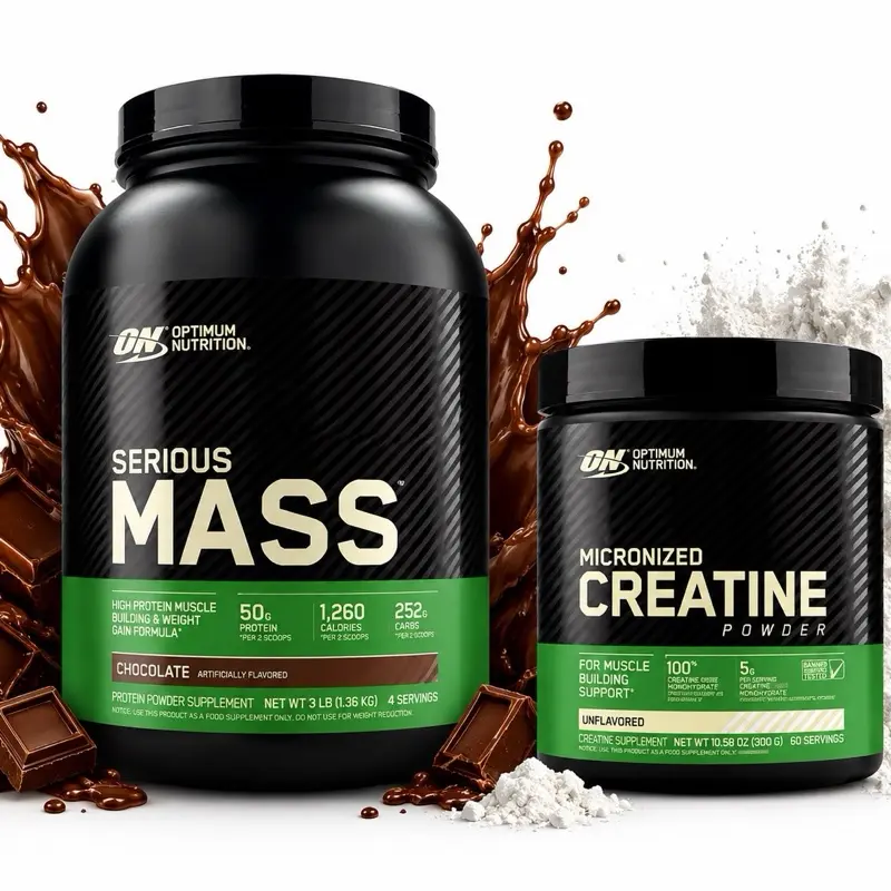 Optimum Nutrition Serious Mass Protein Powder & Micronized Creatine Powder Bundle - Chocolate, Unflavored - Dietary Fitness Daily Nutrition Supplement Pack