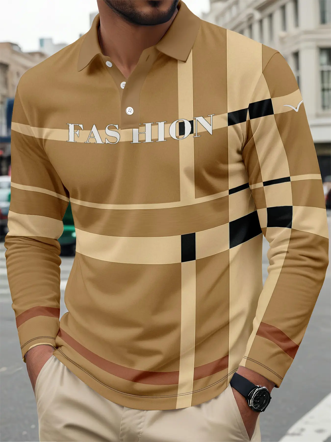 Men's Colorblock Print Long Sleeve Polo Shirt, Breathable Fitted Comfort Fit Casual Top, Spring & Fall Fashion, Button-Down Collar