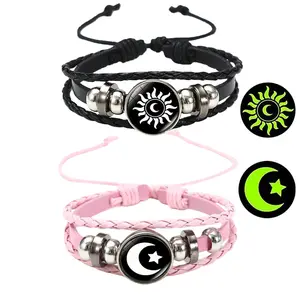 Hot-Selling  Sun and Moon Time Gemstone Bracelet Unisex Handmade Multi-Layer Woven Leather Bracelet Wholesale Factory Glow-in-the-Dark