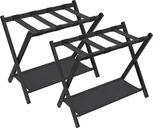SONGMICS Luggage Racks for Guest Room, Set of 2, Suitcase Stand with Storage Shelf, Steel Frame, Foldable for Easy Storage, Hotel, Bedroom, Black URLR003B02