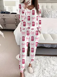 Women's Long Sleeve Pajama Set, Peppa Pig Soda Bow Print, Soft Fabric, Elegant Casual Style, Ideal for Fall Winter Home Wear, Loungewear