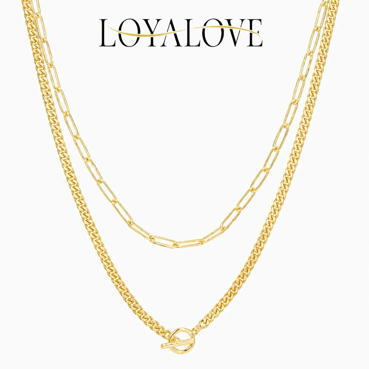 Loyalove 14K Gold Plated Layered Necklace Set for Women, 2PCS Paperclip & Cuban Link Chain Necklaces, Toggle Clasp Adjustable Chunky Y2K Jewelry Gift