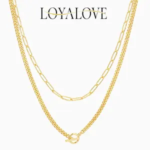 Loyalove 14K Gold Plated Layered Necklace Set for Women, 2PCS Paperclip & Cuban Link Chain Necklaces, Toggle Clasp Adjustable Chunky Y2K Jewelry Gift