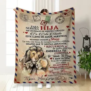 Lion Family Air Mail Throw Blanket - Printed in a vintage envelope style, soft and comfortable. Information from the Spanish mother and father to their daughter. A heartfelt gift from parents to daughter
