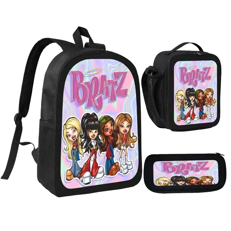 Bratz Stuff backpack, with lunchbox and pencil case included, 3-in-1 design, suitable for boys, girls and teenagers, lightweight and spacious, made of 600D Oxford cloth, adjustable shoulder straps, and comfortable mesh back padding.
