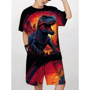 T-Shirt And Shorts Set Featuring Fierce Dinosaurs Boys And Girls, Summer Leisure Activities, Outdoor