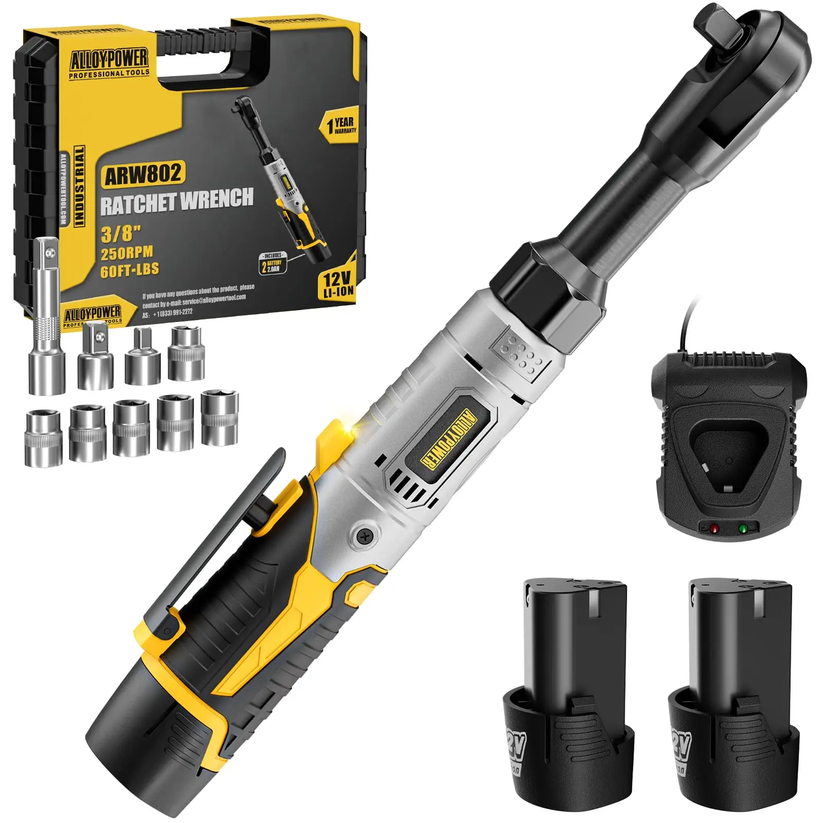 3/8" Cordless Ratchet Wrench Set, 60FT-LBS(80N.m) Electric Ratchet, 12V Extended Power Ratchet Wrench with Variable Speed, 6 Sockets, LED Light, 1/4"