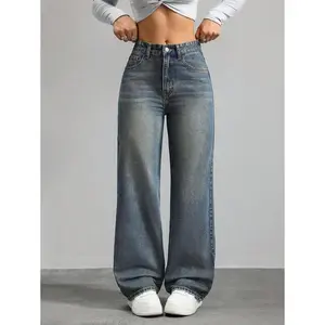Casual Washed Retro Mid-Waist Straight Leg Jeans Fabric Fit
