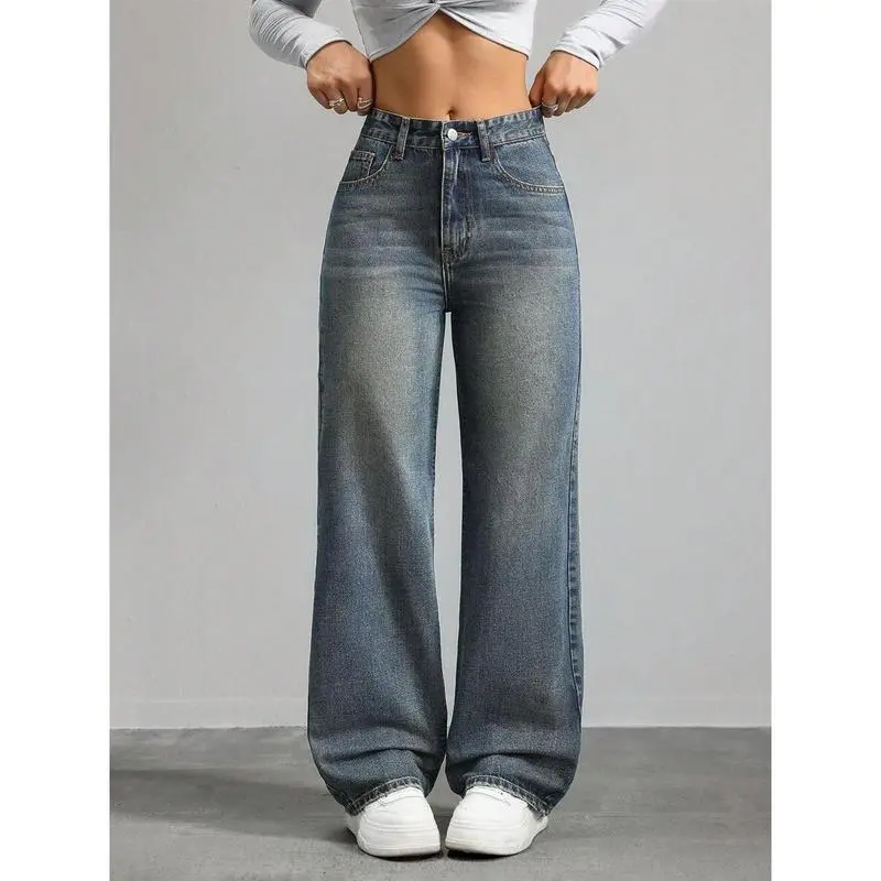 Casual Washed Retro Mid-Waist Straight Leg Jeans Fit