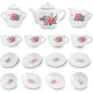 17 Pieces Floral Miniature Porcelain Ceramic Tea Set - Pretend Play Kids Toy Mini Kitchen Playset, Fun Doll Dramatic Play for Little Girls, Kids
