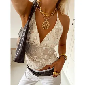 Fashionable Backless Halter Neck Top with Sequins and Embroidery, Sexy Tight-Fitting Design for Summer Festivals, Trendy Street Style for Holidays, Halter Tank Top, Womenswear, Floral