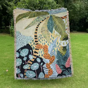 Tropical rainforest Pattern Design Bohemian Bed Blanket - Yarn Thick Breathable with Tassels for Home Decor Sheet Living Shawl Tapestry Yoga Couch Sofa Chair Tablecloth Garden Office Travel Outdoor Camping Picnic Not Printed No Faded No Pilling