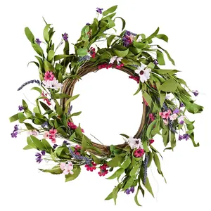 VEVOR Artificial Decorative Wreath, TikTokShopBlackFriday, 22 in, Pink Green, Decorated with Daisies, Babysbreath, Buds, Year Round Wreath for All Seasons Indoor and Outdoor Home Wall Window Festival Wedding Decorations