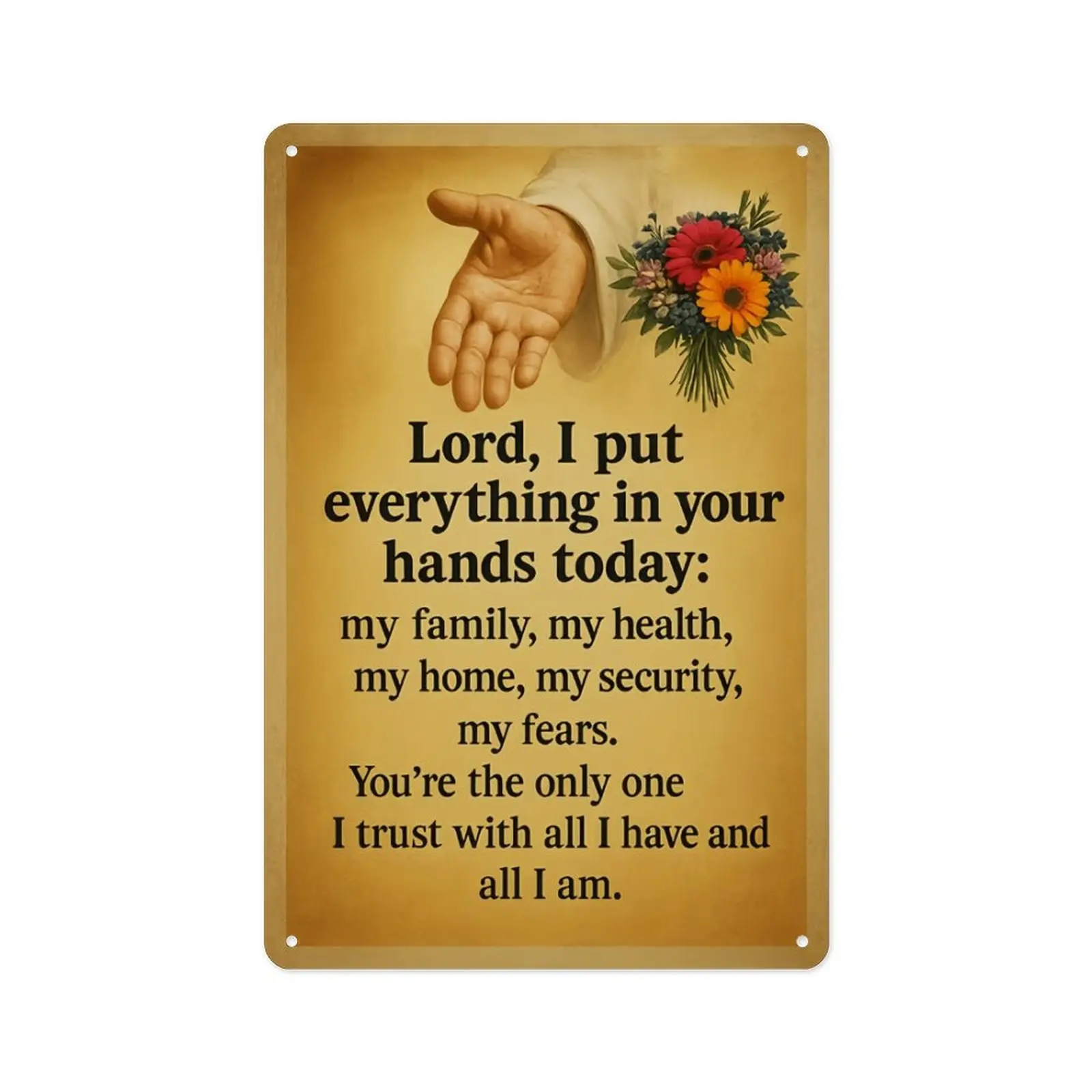Christianity Decorative Aluminium Wall Sign - Lord I Trust You With All, Inspirational Jesus Handprint Floral Print Metal Plaque, Waterproof Indoors Home Decor Ornament