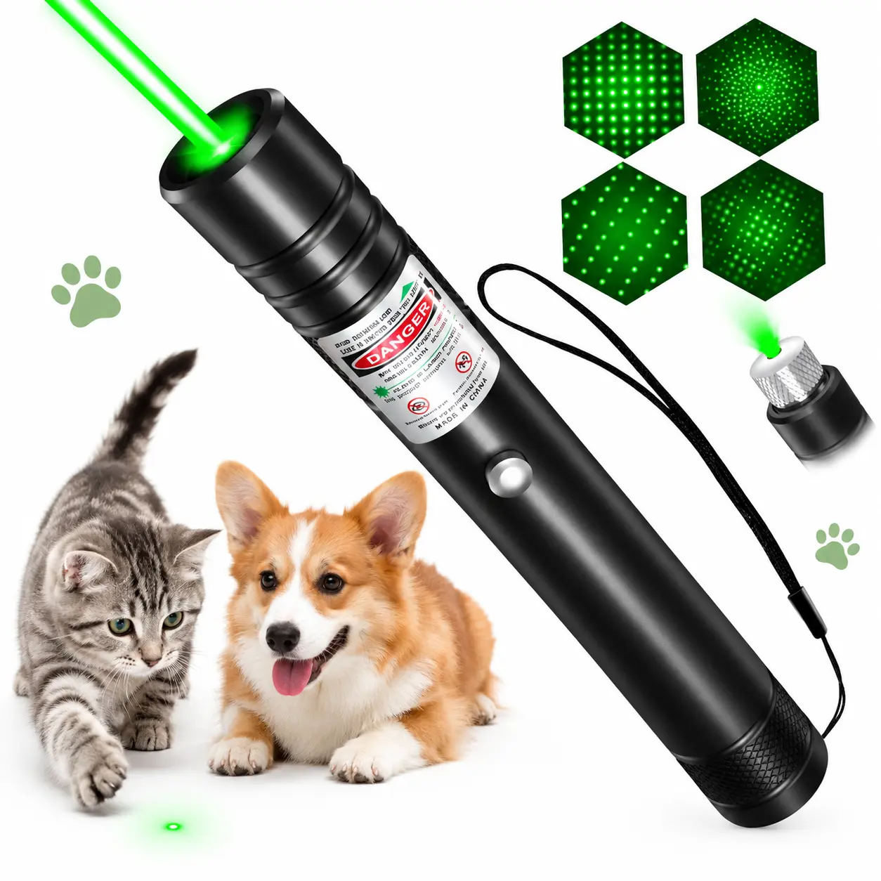 Rechargeable Green Laser Pointer for Cats & Dogs, Long Range Interactive Pet Toy, LED Light Chaser for Indoor Outdoor Games & Training
