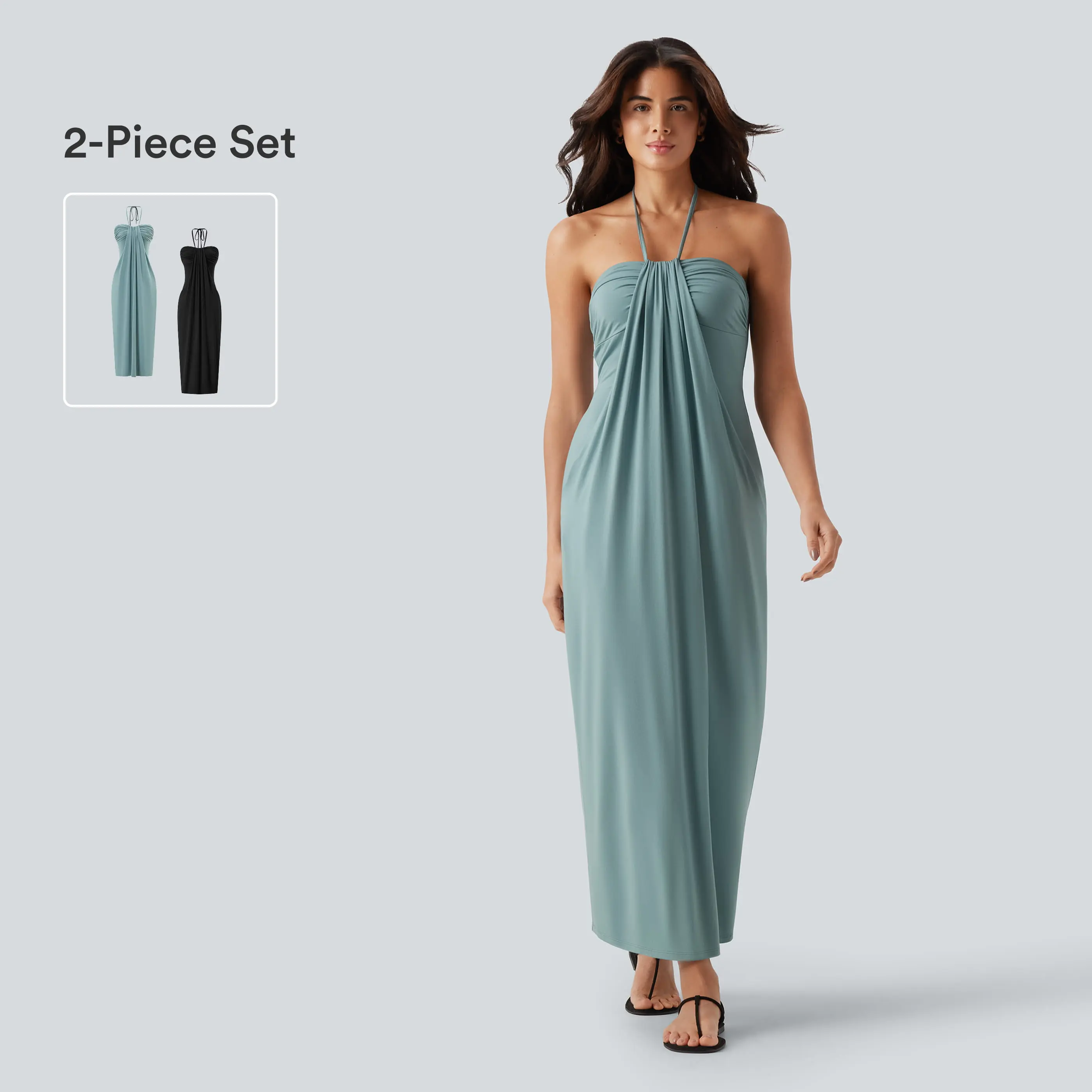Halara 2-piece Halter Tie Back Maxi Dress with Pockets Set Halara 2-piece Halter Tie Back Maxi Dress with Pockets Set