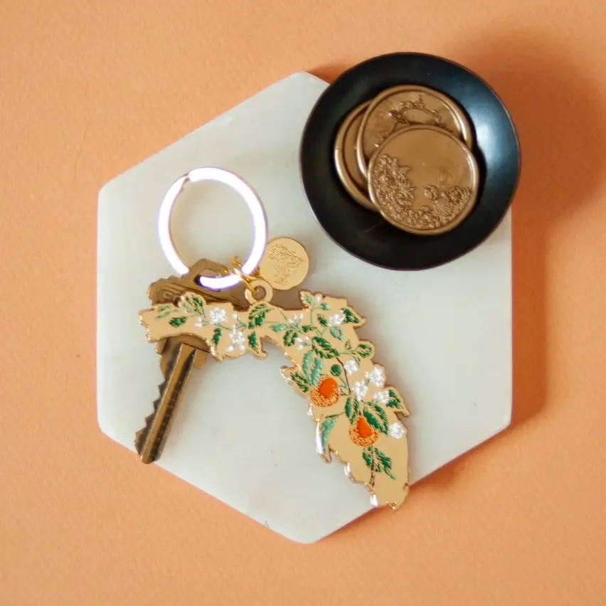 Gold Florida Orange Blossoms Soft Enamel Keychain