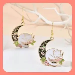 New Adorable Sleeping Kitty On The Moon  Enamel Earrings