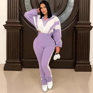 Color Block Patchwork Sports Set Women's Fashion Casual High Waist Pants Cardigan Jacket Two-Piece Lounge Tracksuit Workout Running Clothes Sporty Style Sportswear Thick Sweater Suit Off-Shoulder Sweatshirt Set Sweatshirt