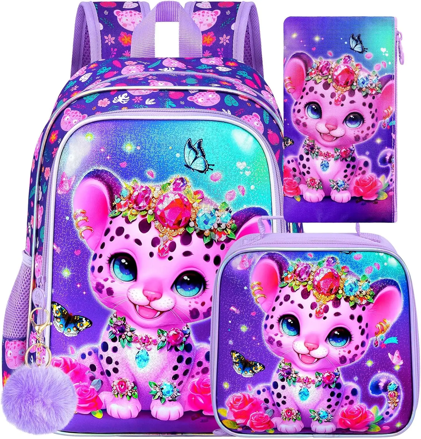 16" Leopard Backpack for Girls, 3Pcs Kids Bookbag for Elementary Preschool Kindergarten, School Backpacks with Lunch Box(Purple)