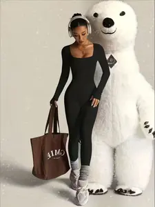 Women's High Waist Slim Fit Yoga Jumpsuit, Square Neck Long Sleeve Sporty Bodysuit, All Seasons Wearable Fitness, Workout Jumpsuit