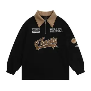 Hong Kong Style High-end Long-sleeved Polo Shirt Men's Trendy Letter American Retro Loose Half-zip Top and trendy Fabric Menswear Fashion