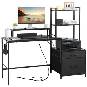 59 Inch Computer Desk with Fabric File Drawers Cabinet & Shelves, Gaming Desk with Power Outlet & Hooks, Reversible Desks with Monitor Stand for Office & Dorms, Black / Grey