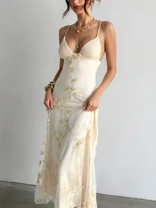 JADEE Sexy Elegant Deep V Ruched Bust Embroidered Maxi Dress Womens Wedding Guest Honeymoon Island Vacation Outfit