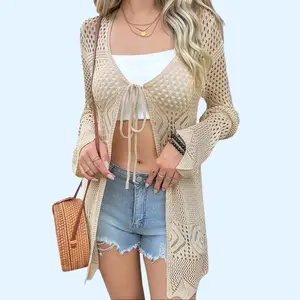 Shewin Women's Collarless Casual Acrylic Knit Cover Up - 2026 Long-Sleeve Loose-Fit Tie-Front Hollow-Out Solid Plain Tunic Top, Lightweight Breathable Knitwear for Daily Wear & Vacation Beach Outfits