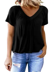 Women's Summer Tops, V Neck Short Sleeve Casual Ruched T-Shirts, Trendy Fashion Clothing for 2026, Comfortable and Stylish
