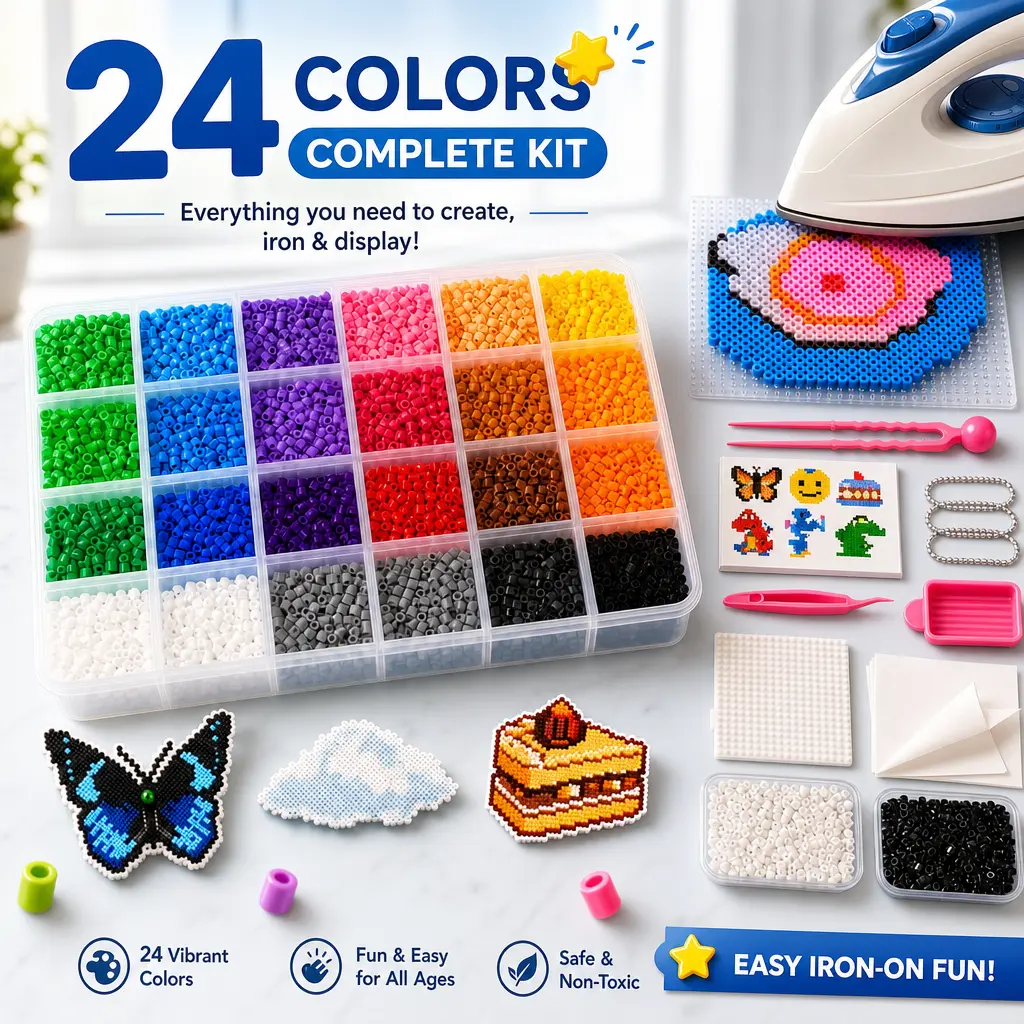 24-Color Plastic Fuse Beads Set, 2.6mm 3D Pixel Puzzle Beads, DIY Craft Bead Kit with Nail Board, Ironing Paper, Tweezers and DIY Beading Accessories, DIY Jewelry Accessories Deals for You Days