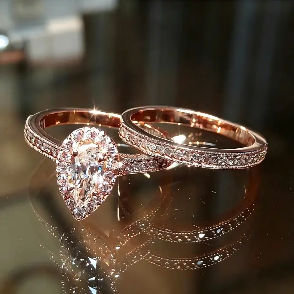Anniversary Romantic Gift Dual Band Paved Clear Sparkle Stone Ring Set Glam Dressy Statement Hand Decoration For Partner