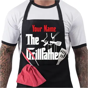 Personalized BBQ Aprons for Men, Funny Cooking BBQ Apron in Black Cotton, Adjustable with 2 Pockets - Grillfather - Black