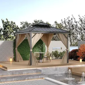 10x12Ft Outdoor Hardtop Gazebo, Heavy Duty Double Roof, Aluminum Frame Gazebo with Netting, Patio Gazebo, All-Weather Protection Metal Canopy, for Garden, Backyard, Pool