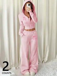 Trendy Women's Short Sweatshirt Set, Autumn Winter Straight Leg Pants Two-Piece, Butterfly Knot Print, Casual Comfortable Street Style