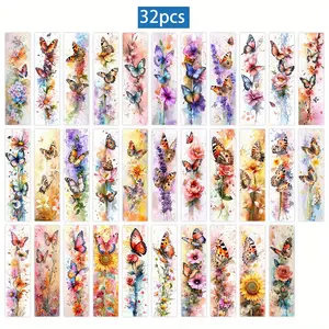 32pcs, Watercolor Butterfly and Flower Bookmarks, Comes with Butterfly Bookmarks, Butterfly Fan Gift, Watercolor Butterfly and Flower Bookmark Set, Non Duplicate Exquisite Bookmarks, Colorful DIY Decorative Page Tags