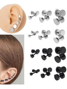 12-Piece Stainless Steel Round Flat Back Earrings Set, 6 Pairs of Helix Earrings 5mm-10mm, Stylish Steel Color Jewelry Gift Set