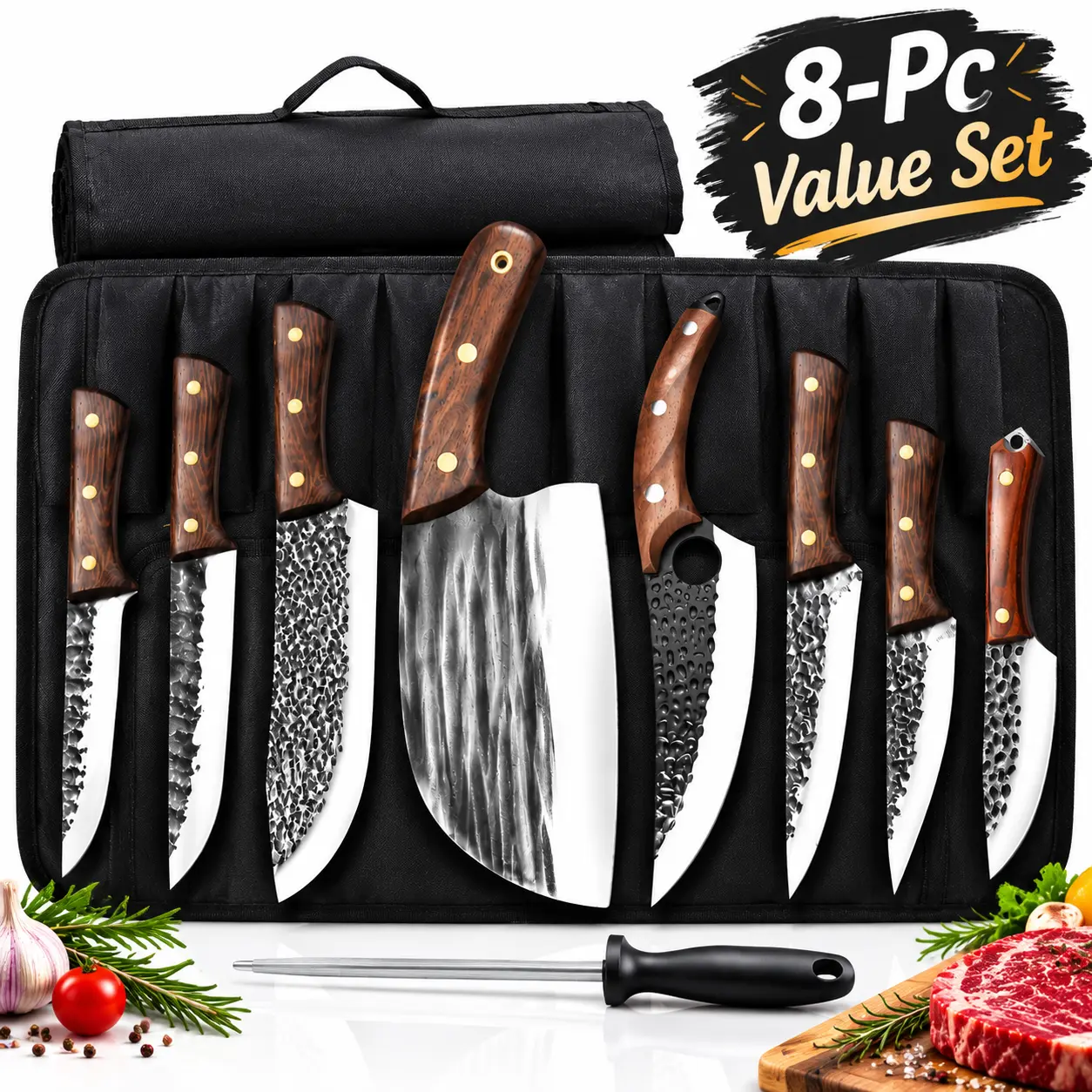 8PCS Professional Chef Knives Set - High Carbon Steel Hand-Forged Japanese Damascus Pattern Knives with Durable Ergonomic Handle, Roll Bag, Wooden Accent, Ideal for Kitchen Use, Camping, Gifts for Adults