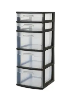 5-Drawer Plastic Storage Tower – Clear Shallow & Deep Drawers, Black Frame – Multi-Purpose Organizer