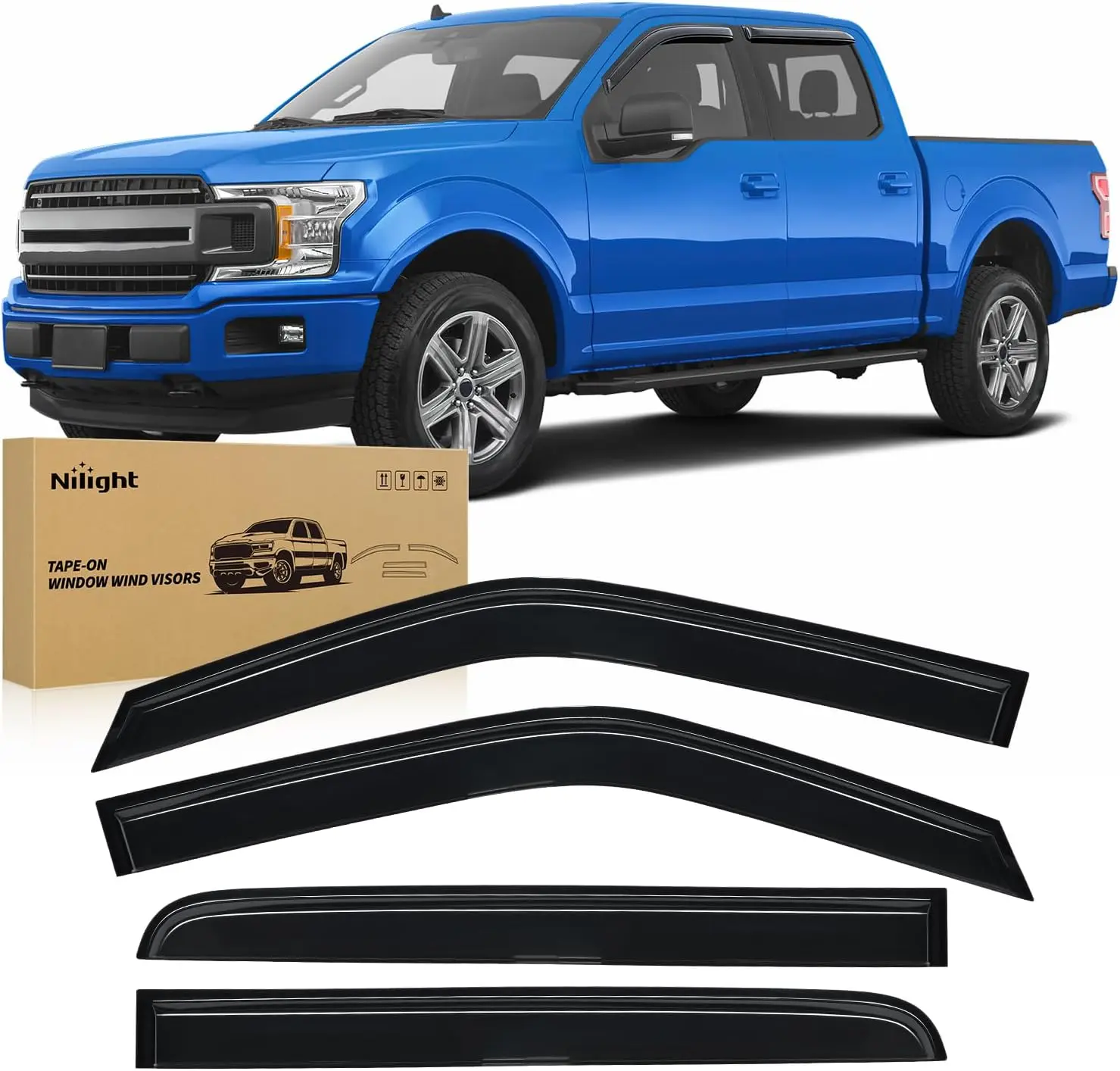 Nilight Auto Tape-On Side Window Visors, 4PCS Vent Wind Deflectors for Ford F150 Crew Cab Car Accessories - Not Fit Lariat/Raptor 2015-2024