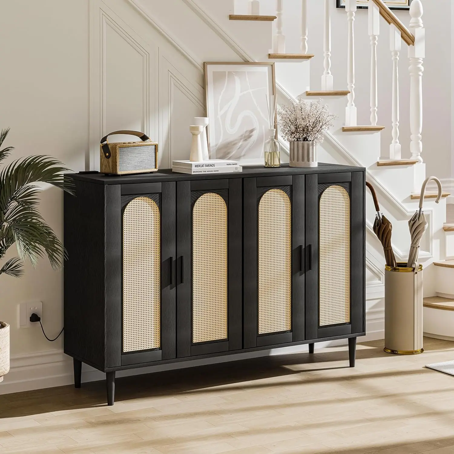 Modern Black Rattan 4-Door Buffet Sideboard - Black Furniture Sideboards with Durable Handles, Power Outlet, Adjustable Shelves, Home Storage Cabinet for Dining Room, Kitchen, Adjustable Shelves Sideboards