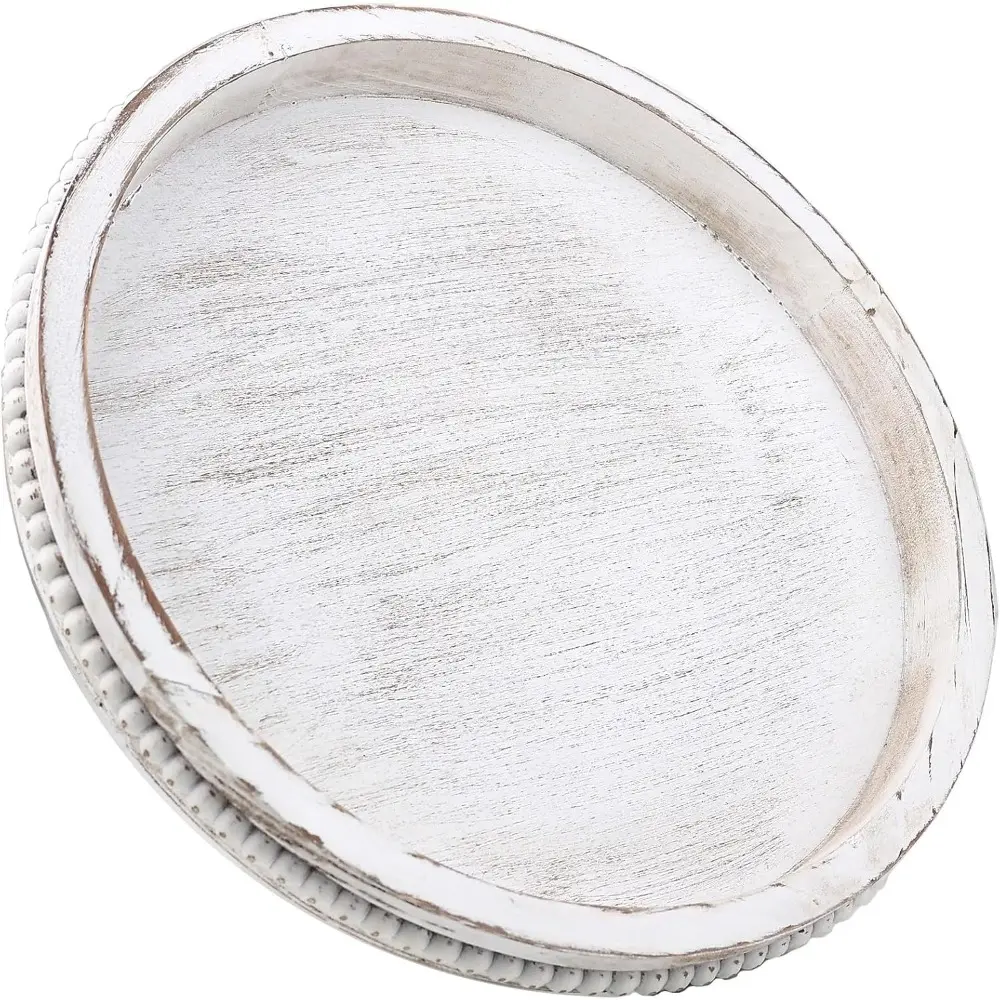 Round Wood Serving Tray with Beaded, 13” Rustic Wooden Decorative Coffee Table Tray For Centerpiece,Ottoman, Farmhouse Circle Trays For Counter,Living Room, Home Decor (Whitewashed)