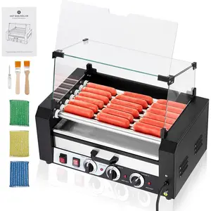 Roller Dog Machine, 18 Hot Dog Capacity 7 Rollers Sausage Grill, 1350W Stainless Steel hotdog roller grill and bun warmer, Glass Lid, Dual Temperature Control,Timer & Drip Tray for Party Home