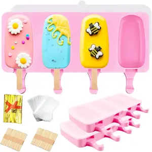 3pcs Large Popsicle Molds with Lids,4 Cavities Cake Pop Molds,Oval Ice Cream Bar Mold Ice Pop Cakesicle Molds with 100 Wooden Sticks & 100 Bags &100 Twist Ties(Pink)