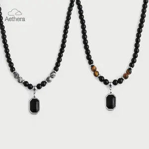 Aethera Men's Natural Black Tiger Eye Necklace Hip Hop Style Pendant 45cm + 7cm Versatile Accessory Ideal Gift for Men