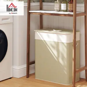 【26.4 Gallon Double Laundry Basket】HOMCOM Double Laundry Basket with Lid, 26.4 Gallon Bamboo Laundry Hamper with Rope Handles, Clothes Hamper with Removable Liner for Bathroom, Bedroom, Natural